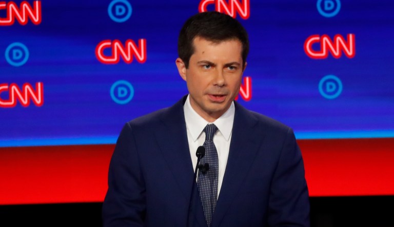 South Bend Mayor Pete Buttigieg participates in the first of two Democratic presidential primary debates hosted by CNN Tuesday, July 30, 2019, at the Fox Theatre in Detroit.