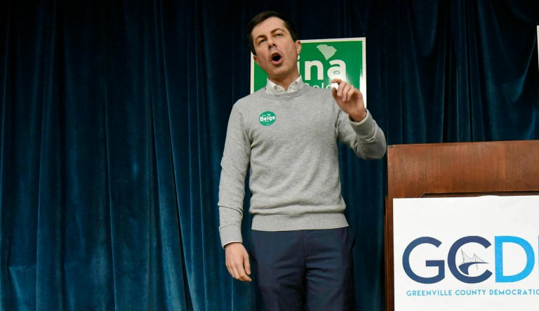 In this March 23, 2019, photo, South Bend Mayor Pete Buttigieg speaks to a crowd about his presidential run during the Democratic monthly breakfast at the Circle of Friends Community Center in Greenville, S.C.