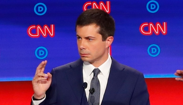 South Bend Mayor Pete Buttigieg, Sen. Bernie Sanders, I-Vt., and Sen. Elizabeth Warren, D-Mass., participate in the first of two Democratic presidential primary debates hosted by CNN Tuesday, July 30, 2019, in the Fox Theatre in Detroit.