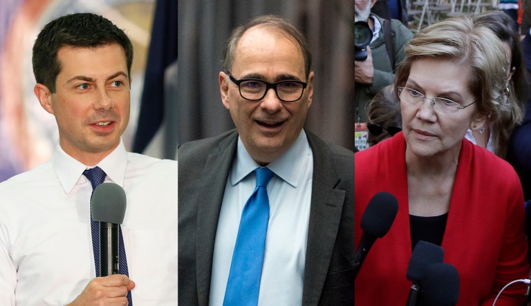 Pete Buttigieg, David Axelrod, and Elizabeth Warren are seen.