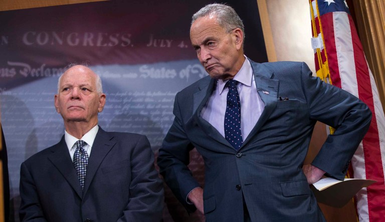 Sens. Chuck Schumer, right, and Ben Cardin suggested leaving the Paris climate deal would hurt American businesses in the long run. (AP Photo/Evan Vucci)