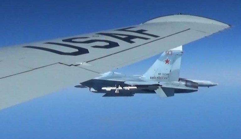 A U.S. RC-135U flying in international airspace over the Baltic Sea was intercepted by a Russian SU-27 Flanker June 19, 2017. Due to the high rate of closure speed and poor control of the aircraft during the intercept, this interaction was determined to be unsafe. (Courtesy photo/Released)