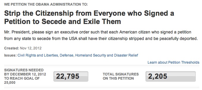 W.H. Petition Calls for Stripping Citizenship and Exile for Anyone Who Signs Petition to Secede