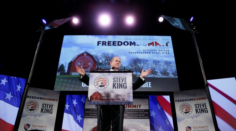 Former Arkansas Gov. Mike Huckabee speaks during the Freedom Summit on Saturday in Des Moines, Iowa. (AP Photo/Charlie Neibergall)