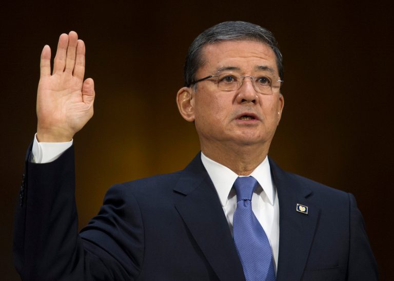 Veterans Affairs Secretary Eric Shinseki is sworn in on Capitol Hill in Washington, Thursday, May 15, 2014, prior to testify before the Senate Veterans Affairs Committee hearing to examine the state of Veterans Affairs health care. (AP Photo/Cliff Owen)