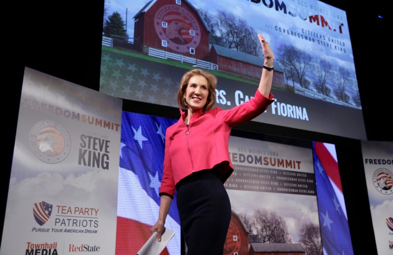 Carly Fiorina waves after speaking at the Freedom Summit, Saturday, Jan. 24, 2015, in Des Moines, Iowa. (AP Photo/Charlie Neibergall)