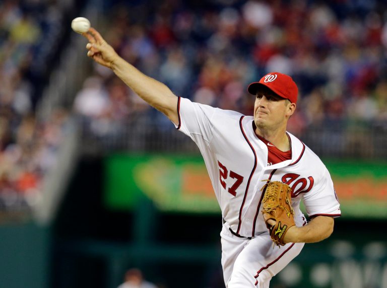 Washington Nationals starting pitcher Jordan Zimmermann (27) throws during the first inning of a baseball game against the Detroit Tigers at Nationals Park, Wednesday, May 8, 2013, in Washington. (AP Photo/Alex Brandon)