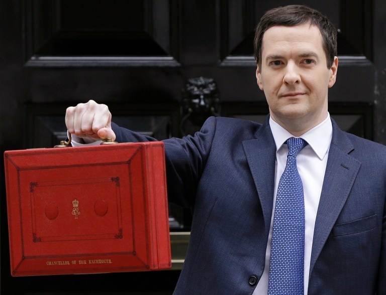 FILE- In this file photo dated Wednesday, March 19, 2014, Britain's Chancellor George Osborne poses for the media with the traditional red dispatch box outside his official residence at 11 Downing Street in London, as he departs to deliver his annual budget speech to the House of Commons. Britain's Treasury chief George Osborne on Thursday June 12, 2014, is widely expected to propose new criminal sanctions and tougher oversight to protect the financial markets from manipulation. (AP Photo/Kirsty Wigglesworth, FILE)
