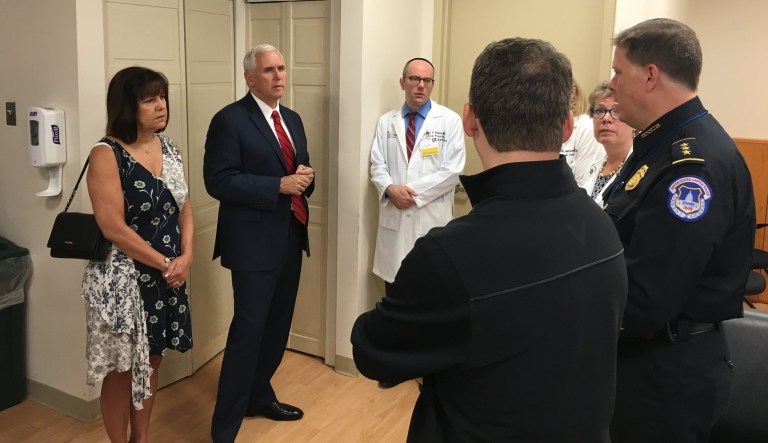 Vice President Mike Pence and his wife, Karen Pence, visited House Majority Whip Steve Scalise in the hospital Thursday morning. (Image courtesy Twitter)