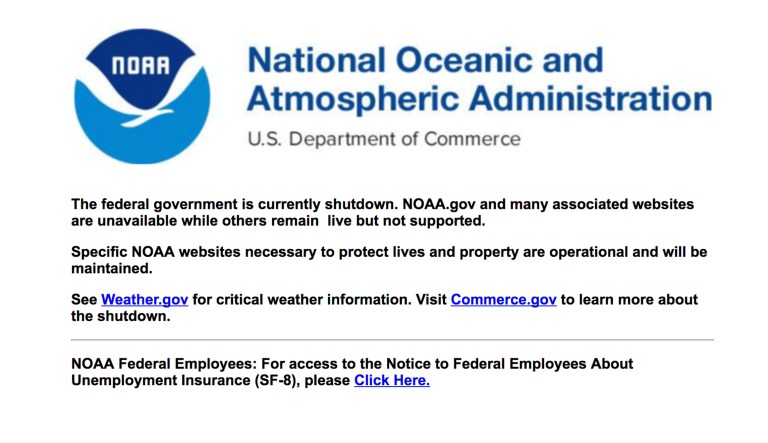 The National Oceanic and Atmospheric Administration's website is effectively shut down, making its climate change and weather web-based data unavailable until appropriations enable the website to publicly available.