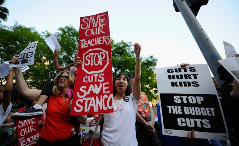 Teachers participate in an education budget cut rally and protest at Pershing Square on May 13, 2011 in downtown Los Angeles. (Photo by Kevork Djansezian/Getty Images)