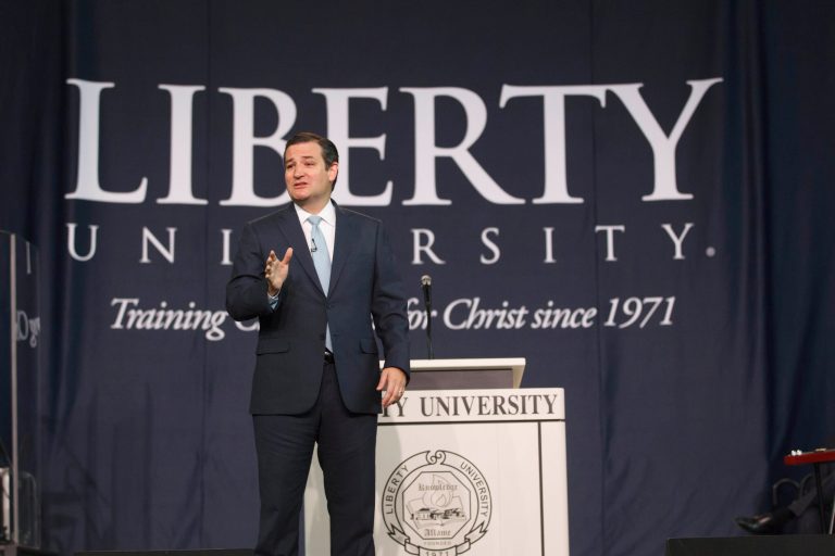 Sen. Ted Cruz, R-Texas., speaks in the Convocation Center at Liberty University in Lynchburg, Va., Wednesday. (AP Photo /Liberty University,Ty Hester)