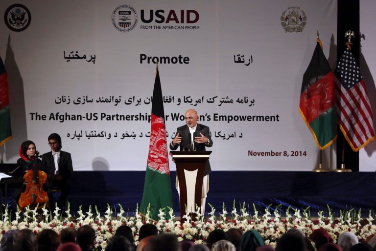 Afghan President Ashraf Ghani speaks at an U.S. Agency for International Development event in Kabul, Afghanistan. A watchdog found USAID couldn't reconcile its financial records with the actual number of active contracts in the country. (AP Photo/Rahmat Gul)