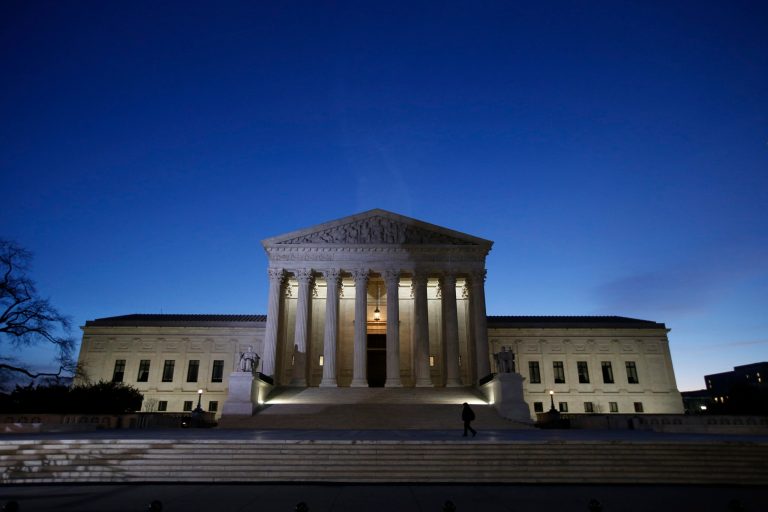 The front of the U.S. Supreme Court is seen early Friday, Feb. 19, 2016 in Washington. The remains of Justice Antonin Scalia are expected to be brought to the court later Friday. The casket will be placed on the Lincoln Catafalque in the court's Great Hall, and will be on public view in the court's Great Hall from 10:30 a.m. until 8 p.m. (AP Photo/Alex Brandon)