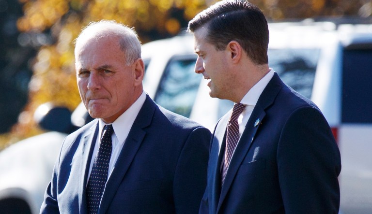 White House chief of staff John Kelly has stood by his praise for outgoing White House staff secretary Rob Porter, who now stands accused of abusing two ex-wives. (AP Photo/Evan Vucci)