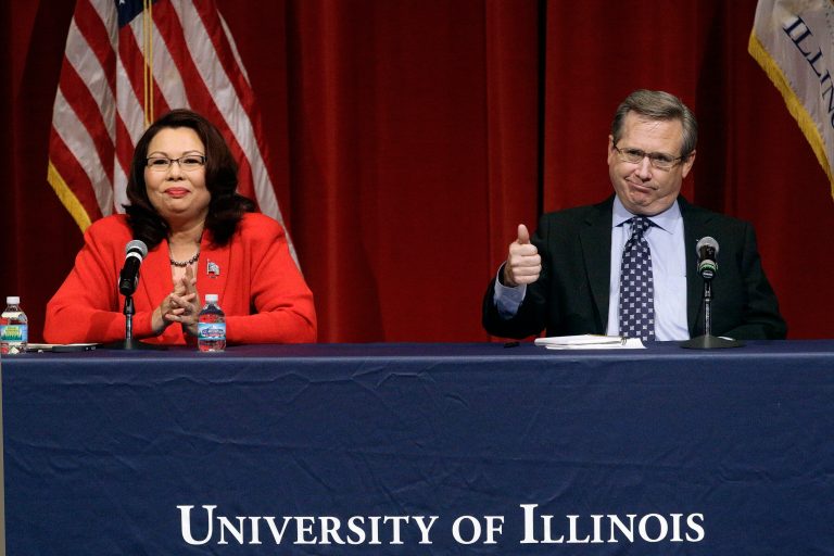 Sen. Mark Kirk, R-Ill., attacked Democratic challenger Rep. Tammy Duckworth during a debate Thursday night over her claim that her family has served in the military since the American Revolution in the late 18th century. (AP Photo/Seth Perlman)