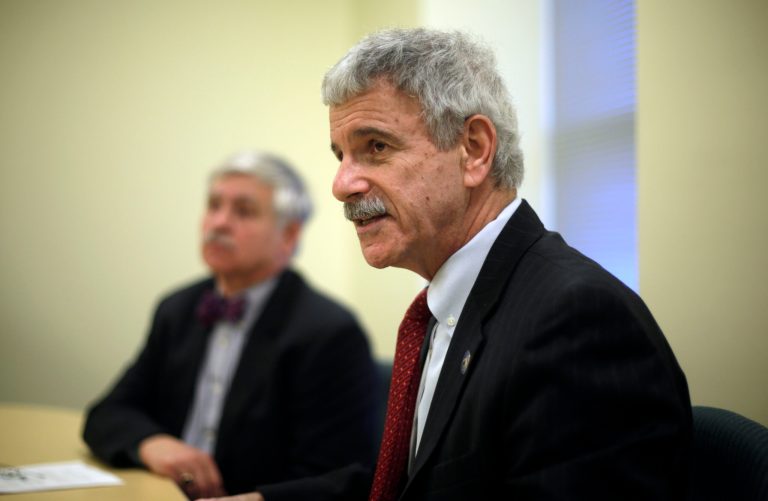 Assistant Senate Republican Leader Roger Katz, right, and Sen. Thomas Saviello, discuss details of their proposal to expand Medicaid under the Affordable Care Act while implementing other significant changes to the program, Tuesday, Feb. 25, 2014, at the State House in Augusta, Maine. The expansion would be paired with a plan to implement managed care in the Medicaid program to try to curb costs. (AP Photo/Robert F. Bukaty)