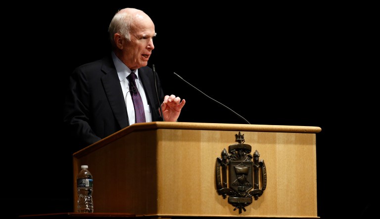 Sen. John McCain, R-Ariz., delivers remarks at the U.S. Naval Academy in Annapolis, Md., Monday, Oct. 30, 2017. McCain, who graduated from the Academy in 1958, returned to his alma mater to address the Brigade of Midshipmen on leadership and service to the nation. (AP Photo/Patrick Semansky)