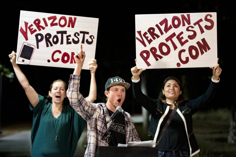 Supporters of net neutrality protest outside a Federal Building in Los Angeles, Calif., on Nov. 28. The activists gathered in protest of Federal Communications Commission Chairman Ajit Pai's plan to repeal the Obama era regulations. (Ronen Tivony/Sipa via AP)