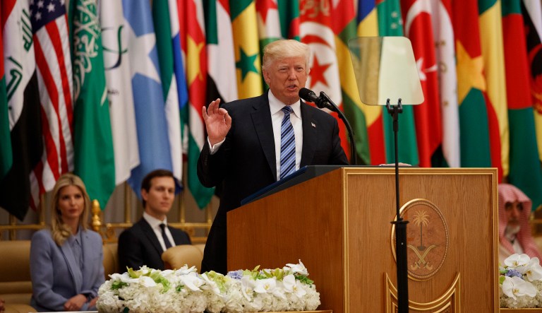 President Donald Trump delivers a speech to the Arab Islamic American Summit, at the King Abdulaziz Conference Center, Sunday, May 21, 2017, in Riyadh, Saudi Arabia. (AP Photo/Evan Vucci)