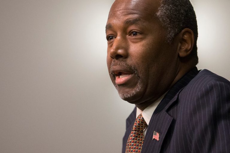 Republican presidential candidate Ben Carson answers questions from the media at a news conference before a campaign rally at the Sharonville Convention Center, Tuesday, Sept. 22, 2015, in Cincinnati. (AP Photo/John Minchillo)