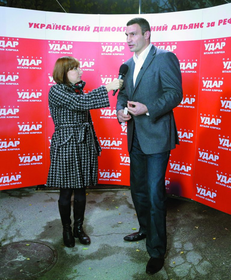 Chairman of the Ukrainian democratic opposition Ukrainian Democratic Alliance for Reform Party and WBC Heavyweight Champion boxer, Vitali Klitschko speaks to the media during his press conference in Kiev, Ukraine, Sunday, Oct. 28, 2012. Ukrainians are electing a parliament on Sunday in a crucial vote tainted by the jailing of top opposition leader Yulia Tymoshenko and fears of election fraud. (AP Photo/Efrem Lukatsky)