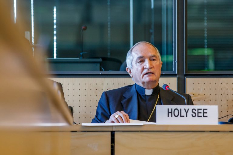 Archbishop Silvano M. Tomasi, Apostolic Nuncio, Permanent Observer of the Holy See (Vatican) to the Office of the United Nations in Geneva, delivers his statement during the UN torture committee hearing on the Vatican, at the headquarters of the office of the High Commissioner for Human Rights (OHCHR) in the Palais Wilson, in Geneva, Switzerland, Monday, May 5, 2014. The UN Committee Against Torture hears the Holy See for the first time to consider whether the church's handling of child sexual abuse complaints has violated its obligations against subjecting minors to torture and to hear the Vatican on its efforts to stamp out child sex abuse by priests. (AP Photo/Keystone, Salvatore Di Nolfi)