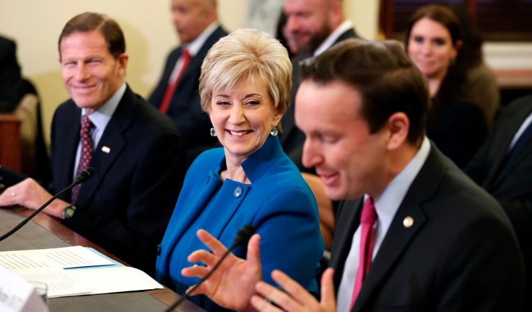 Small Business Administration Administrator-designate Linda McMahon was introduced by two of her opponents in past Connecticut Senate races, Democrats Chris Murphy and Richard Blumenthal. (AP Photo/Alex Brandon)