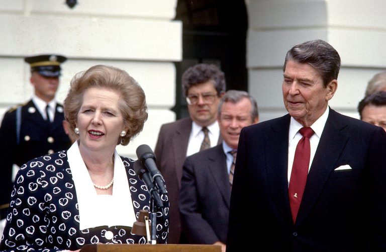 Prime Minister Margaret Thatcher of the United Kingdom and President Ronald Reagan in a July 1987 photo. (AP/Howard L. Sachs)