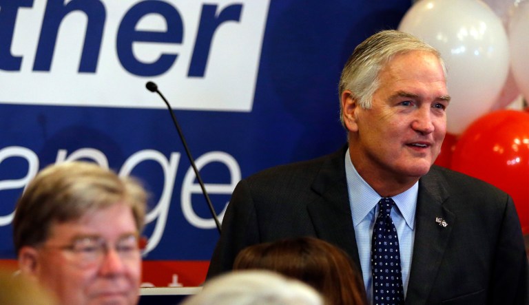 Moore finished first with more than 40 percent of the vote, but Strange, above, received a late boost from President Trump.