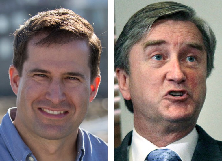 Iraq War vet Seth Moulton, left, is challenging Democratic Rep. John Tierney for his seat in Congress. (Photos courtesy Moulton campaign and AP)