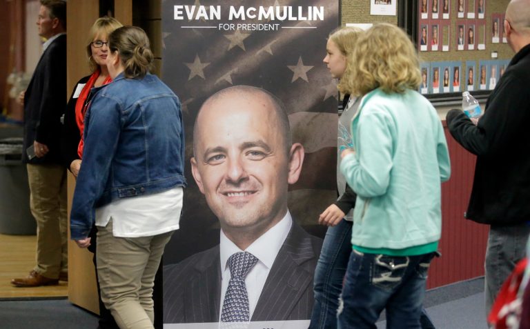 Evan McMullin filled a college campus ballroom on Thursday with supporters who aren't being dissuaded by criticism that the long-shot presidential candidate is nothing more than a spoiler. (AP Photo/Rick Bowmer)