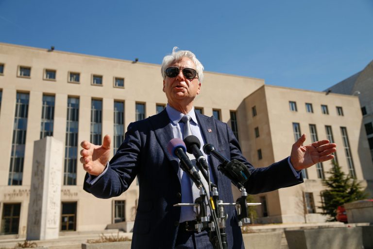 Freedom Watch attorney Larry Klayman speaks to reporters outside the Barrett Prettyman Federal Courthouse in Washington on April 2 after appealing the dismissal of a FOIA request seeking records from the State Department about Israeli war plans. (AP Photo)Â 