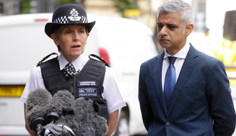 London Police Commissioner Cressida Dick, left, and the Mayor of London Sadiq Khan, participate in a media conference at London Bridge in London, Monday, June 5, 2017. (AP Photo/Alastair Grant)