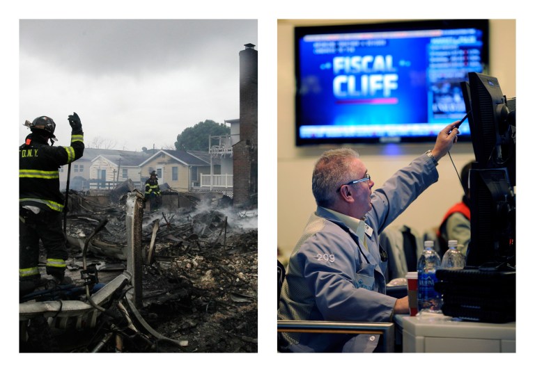   In this combination of Associated Press file photos, a firefighter surveys the smoldering ruins of a house in the Breezy Point section of New York, Tuesday, Oct. 30, 2012, left, and James Dresch of MND Partners Inc. works on the floor of the New York Stock Exchange Wednesday, Nov. 7, 2012 in New York, right. The combination of U.S. employers that shut down because of Superstorm Sandy and fears over looming tax increases and spending cuts likely slowed hiring sharply in November. A private survey released Wednesday, Dec. 5, 2012, showed that companies added fewer workers last month than in October. (AP Photo)  