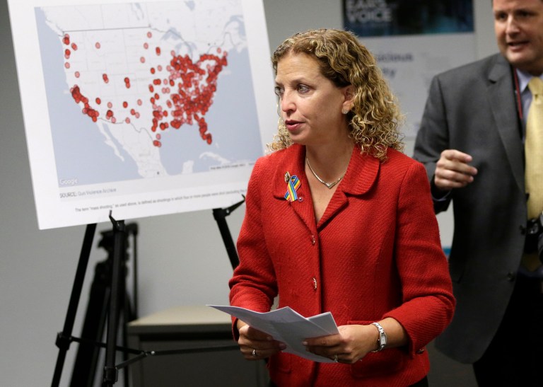 Congresswoman Debbie Wasserman Schultz, D-Fla., goaded Republican leaders Tuesday night offering her political expertise as a liberal in case House Speaker Paul Ryan needed help rounding up delegates to support the party's nominee. (AP Photo/Lynne Sladky)