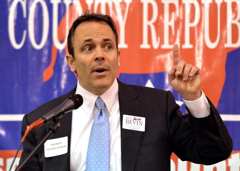 Matt Bevin, republican candidate for United States Senate  speaks to a gathering at the Spencer County GOP Lincoln Day Dinner  Friday Feb. 7, 2014 in Fisherville, Ky. Bevin is running against Mitch McConnell R-Ky. (AP Photo/Timothy D. Easley)
