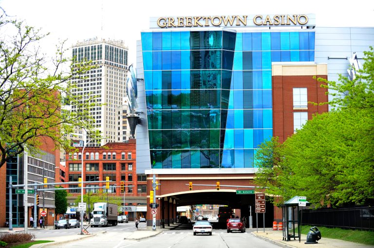 This photo taken on May 20, 2014,  shows the exterior of the Greektown Casino and Hotel in Detroit. The casino plans to scale back a $150 million renovation plan to work totaling $25 million to $50 million. Greektown is the smallest of the three Detroit casinos by revenue, at 24 percent of the market. (AP Photo/Detroit News, Robin Buckson )  DETROIT FREE PRESS OUT; HUFFINGTON POST OUT