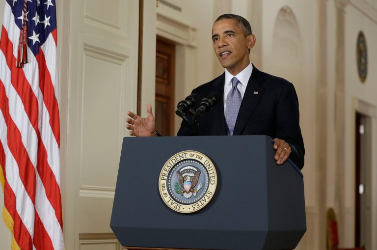 President Barack Obama addresses the nation in a live televised speech from the East Room of the White House in Washington, Tuesday, Sept. 10, 2013. President Obama blended the threat of military action with the hope of a diplomatic solution as he works to strip Syria of its chemical weapons. (AP Photo/Evan Vucci, Pool)