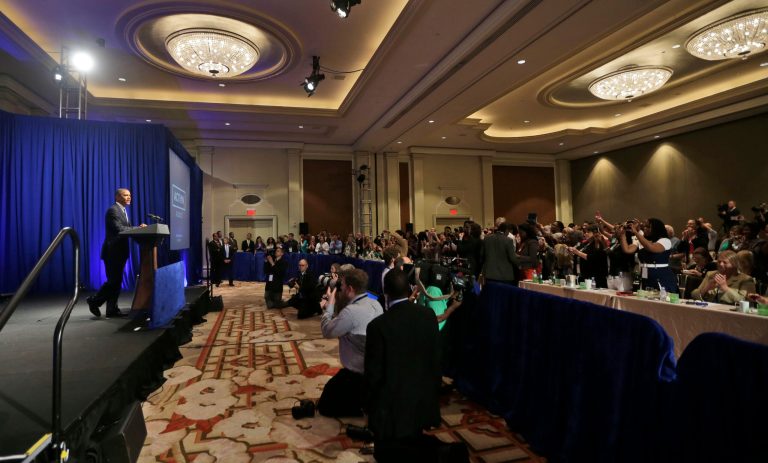 President Barack Obama addresses an Organizing for Action (OFA) summit in Washington, Monday, July 22. Despite the high stakes, however, the president has not activated one of his most powerful tools of political persuasion to help him win approval for the strike: Organizing for Action. (AP/Pablo Martinez Monsivais)