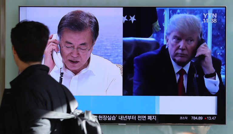 President Trump and South Korean President Moon Jae-in spoke for the second time in less than a week as South Korea prepares to host the Winter Olympics early next month amid tensions with its northern neighbor. (AP Photo/Lee Jin-man)