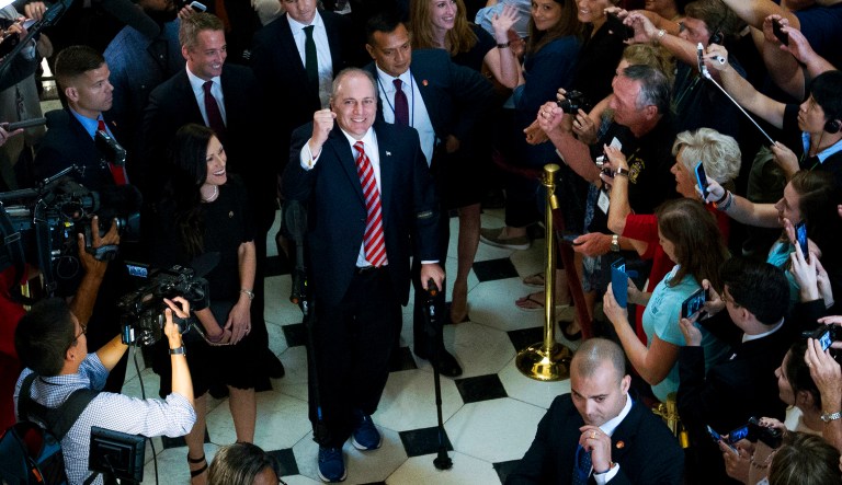 House Republican Whip Steve Scalise returned to the House to hugs and a roaring bipartisan standing ovation, more than three months after a baseball practice shooting left him fighting for his life.( AP Photo/Jose Luis Magana)