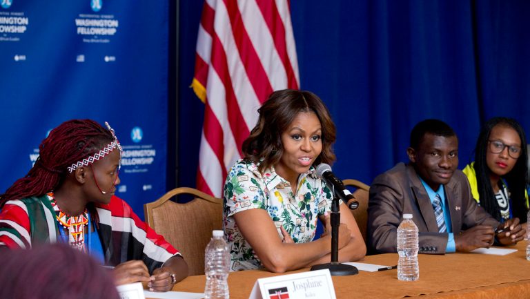 First lady Michelle Obama speaks to selected participants of the Presidential Summit for the Washington Fellowship for Young African Leaders in Washington, Wednesday, July 30, 2014, during a roundtable discussion.  (AP Photo/Manuel Balce Ceneta)