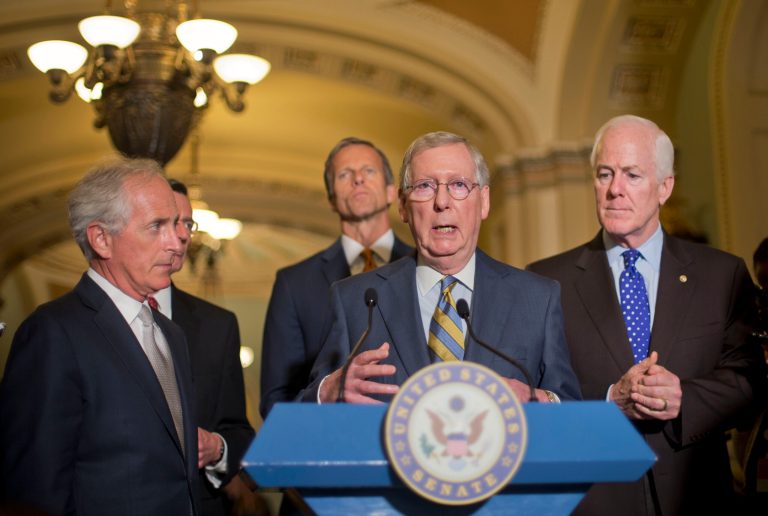 Senate Majority Leader Mitch McConnell, center, with from left, Sen. Bob Corker, R-TN., Sen. John Barrasso, R-Wyo., Sen. John Thune, R-S.D., and Senate Majority Whip John Cornyn of Texas, speak to reporters on Capitol Hill in Washington, Wednesday, Sept. 9, 2015. (AP Photo/Pablo Martinez Monsivais)