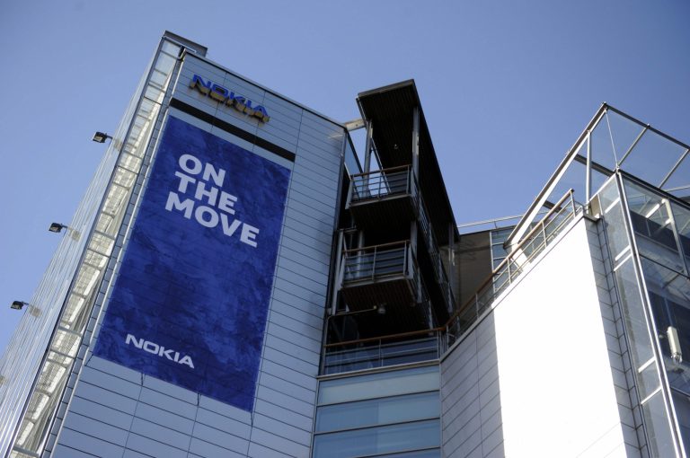 The Nokia headquarters building in Keilaniemi, Espoo, Finland, displays a banner saying they are moving Friday April 25, 2014. Nokia headquarters are 
