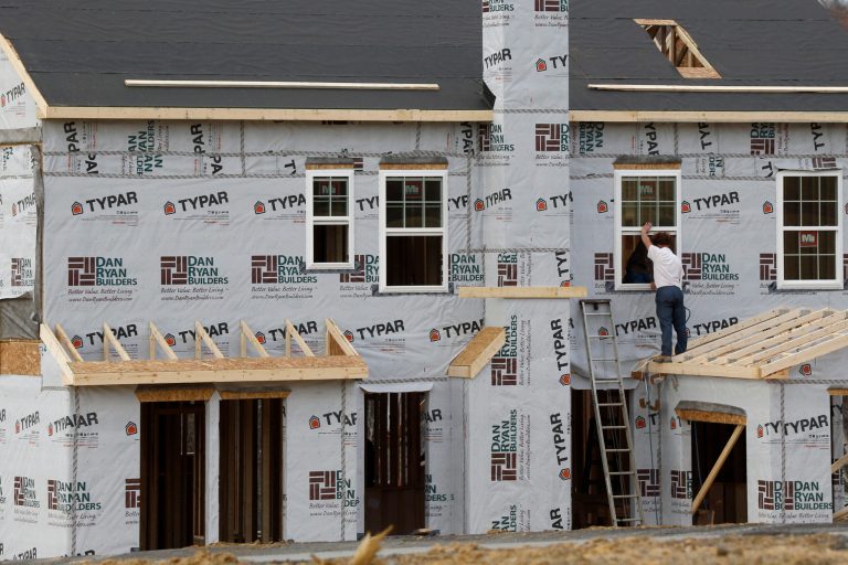 In this photo made on Friday, March 28, 2014, construction continues on a housing plan in Zelienople, Pa. The Commerce Department releases new home sales for March on Wednesday, April 23, 2014. (AP Photo/Keith Srakocic)