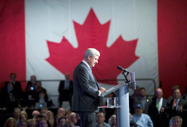 Conservative Leader Stephen Harper pauses while addressing supporters at an election night gathering in Calgary, Alberta, on Oct. 19. Canadians voted to Justin Trudeau to the prime minister's office.Â (The Canadian Press via AP)