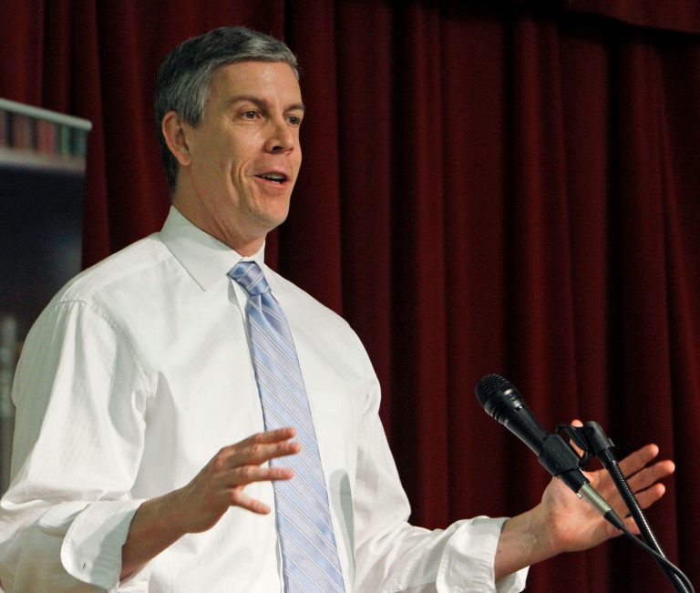   FILE - In this Dec. 21, 2012 file photo, Education Secretary Arne Duncan speaks in Washington. A later start to the school day could help teenagers get the most from their classroom time and local districts should consider delaying the first bell, Duncan said Wednesday. School districts would still be free to set their own start times, Duncan insisted in a broadcast interview, but he pointed to research that backs up his comments that rested students are ready students. Duncan said he would not be telling local school leaders when their first bells should ring and said it was up to local leaders to make the decisions on their own. (AP Photo/Ann Heisenfelt, File)  