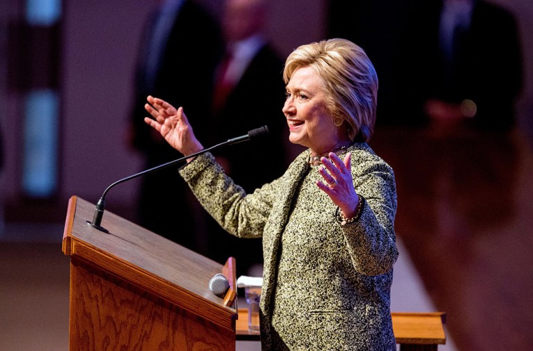 CORRECTS NAME OF CHURCH TO GREATER IMANI CHURCH NOT BROADMOOR BAPTIST CHURCH - Democratic presidential candidate Hillary Clinton speaks at Greater Imani Church in Memphis, Tenn., Sunday, Feb. 28, 2016. (AP Photo/Andrew Harnik)