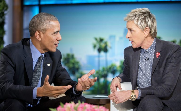 President Obama talks with Ellen DeGeneres during a commercial break while taping a show segment of the Ellen DeGeneres Show in Burbank, Calif., Thursday, Feb. 11, 2016. (AP Photo/Pablo Martinez Monsivais)
